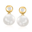 7.5-8mm Cultured Akoya Pearl and .14 ct. t.w. Bezel-Set Diamond Drop Earrings in 14kt Yellow Gold