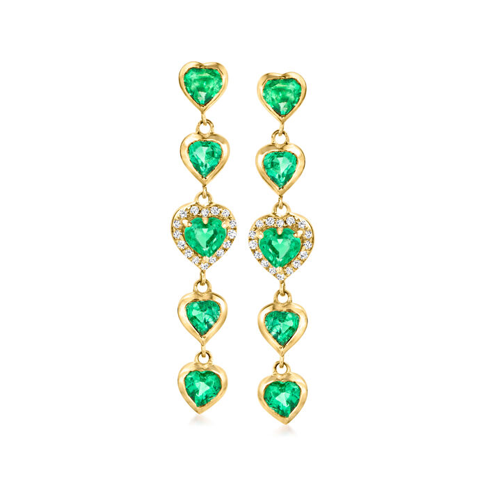 1.60 ct. t.w. Heart-Shaped Emerald Linear Drop Earrings with Diamond Accents in 14kt Yellow Gold