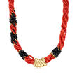 C. 1990 Vintage 2.5mm Red Coral and 3mm Onyx Bead Necklace with .11 ct. t.w. Diamonds in 18kt Yellow Gold