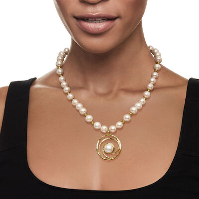 9-12mm Cultured Pearl and Hematite Bead Spiral Necklace in 18kt Gold Over Sterling