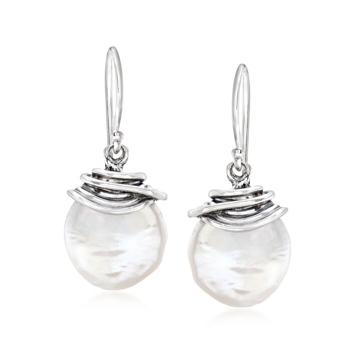 12-13mm Cultured Coin Pearl Drop Earrings in Sterling Silver