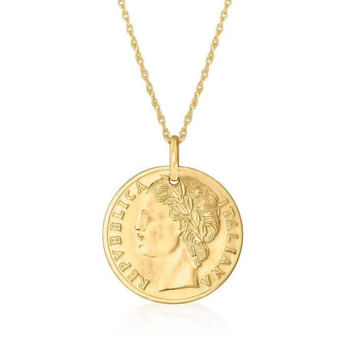 Italian 14kt Yellow Gold Reversible Replica 100-Lira Coin Pendant Necklace in 14kt Yellow Gold
