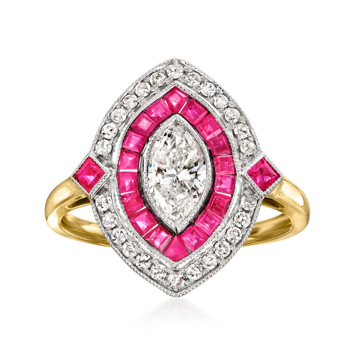 C. 1980 Vintage .91 ct. t.w. Diamond and .90 ct. t.w. Ruby Marquise-Shaped Ring in 14kt Yellow Gold