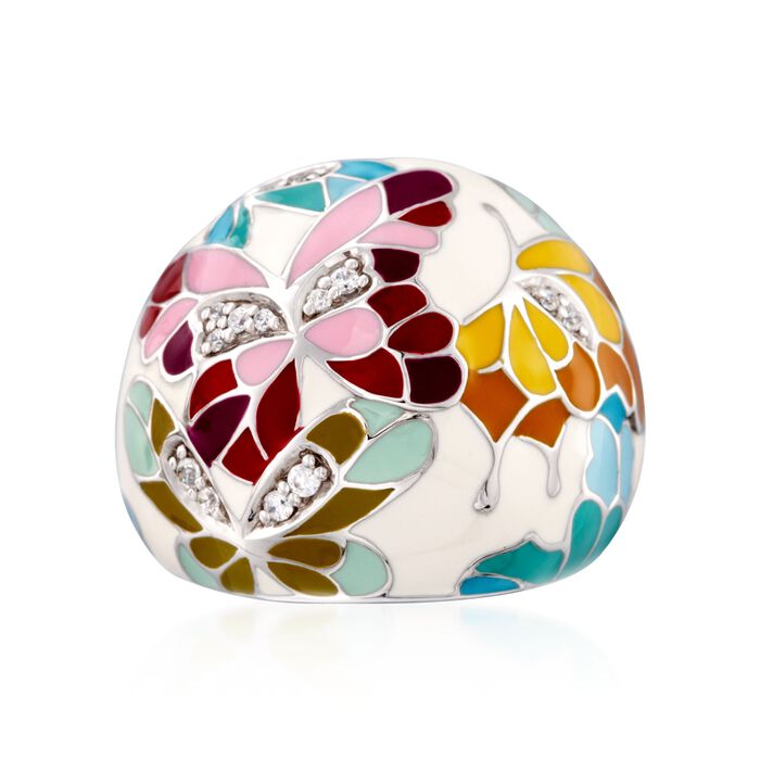 Belle Etoile &quot;Butterfly Kisses&quot; .15 ct. t.w. CZ and Ivory Enamel Ring in Sterling Silver