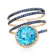 3.80 Carat Blue Topaz and .50 ct. t.w. Sapphire Coil Ring with Diamonds in 14kt Yellow Gold