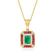 .80 Carat Emerald, .70 ct. t.w. Ruby and Diamond-Accented Pendant Necklace in 14kt Yellow Gold