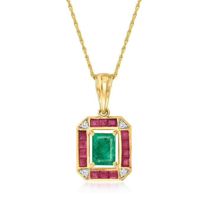 .80 Carat Emerald, .70 ct. t.w. Ruby and Diamond-Accented Pendant Necklace in 14kt Yellow Gold