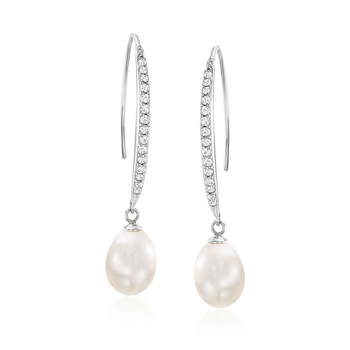 8x10mm Cultured Pearl and .38 ct. t.w. CZ Drop Earrings in Sterling Silver