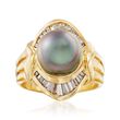 C. 1980 Vintage 9.5mm Black Cultured Pearl and .50 ct. t.w. Diamond Ring in 18kt Yellow Gold