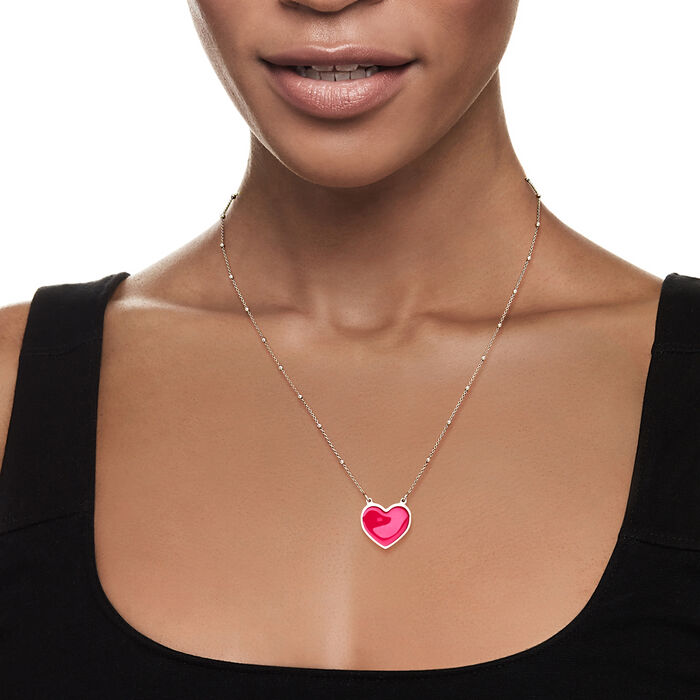 Italian Pink Enamel Heart Necklace in Sterling Silver 18-inch
