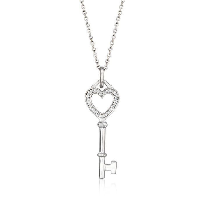 C. 1990 Vintage Tiffany Jewelry .12 ct. t.w. Diamond Heart Key Pendant Necklace in 18kt White Gold