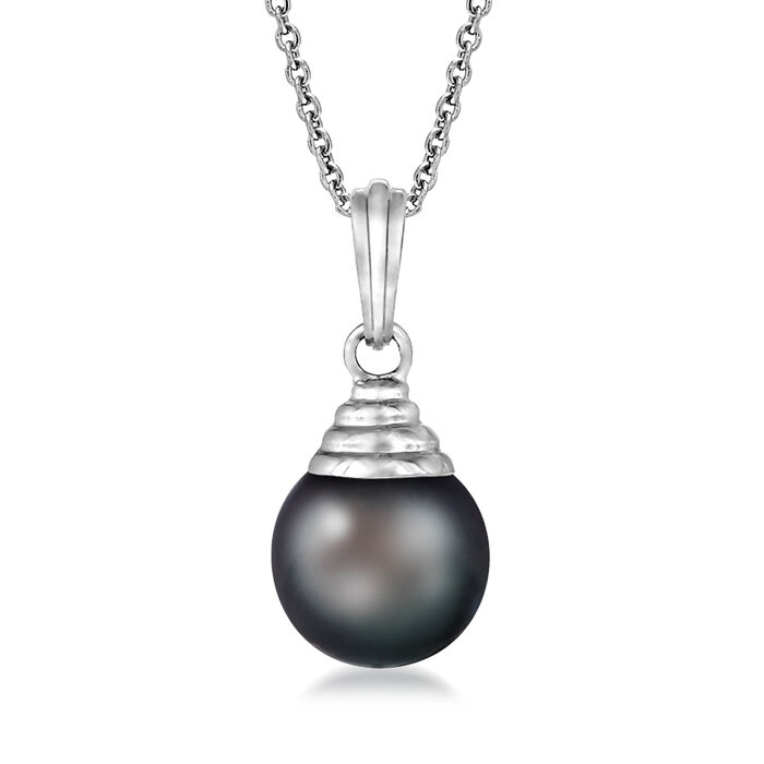 9-10mm Black Cultured Tahitian Pearl Pendant Necklace in 14kt White Gold