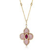 .60 Carat Ruby and .74 ct. t.w. Diamond Flower Pendant Necklace with Pink Mother-of-Pearl in 14kt Yellow Gold