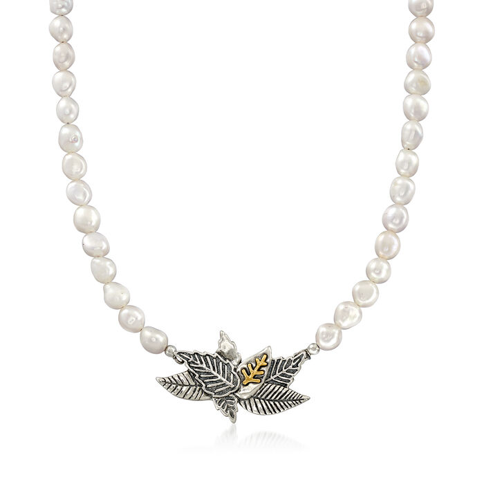 7-9mm Cultured Semi-Baroque Pearl Leaf Necklace in Two-Tone Sterling Silver