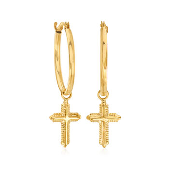 14kt Yellow Gold Beaded Cross Hoop Drop Earrings | Ross-Simons