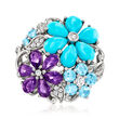 1.80 ct. t.w. Multi-Gemstone and Turquoise Flower Ring in Sterling Silver