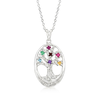 Personalized Family Tree Pendant Necklace with Diamond Accents in 14kt Gold - 1 to 7 Birthstones