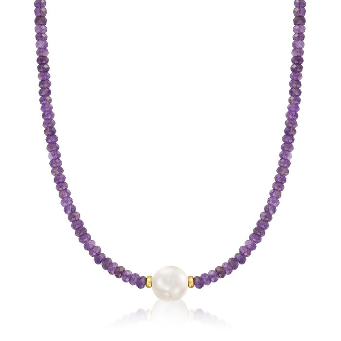 11.5-12.5mm Cultured Pearl and 50.00 ct. t.w. Amethyst Bead Necklace with 14kt Yellow Gold