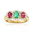C. 1980 Vintage .35 Carat Emerald, .70 ct. t.w. Rhodolite Garnet and .50 ct. t.w. Diamond Ring in 14kt Yellow Gold