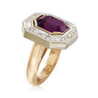C. 1980 Vintage 4.95 Carat Amethyst and 1.10 ct. t.w. Diamond Ring in 14kt Yellow Gold