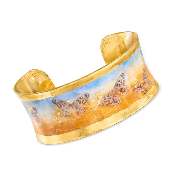 Evocateur &quot;Gold on the Horizon&quot; Butterfly Painted Corset Cuff Bracelet in 22kt Gold Leaf on Brass with Enamel