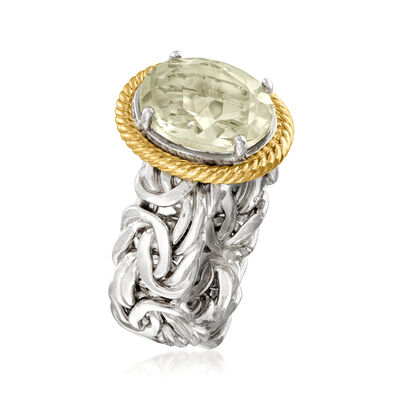 3.70 Carat Prasiolite Byzantine Ring in Sterling Silver and 14kt Yellow Gold