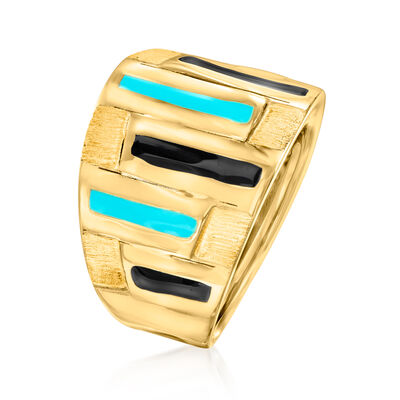 Italian Blue and Black Enamel Abstract Ring in 14kt Yellow Gold