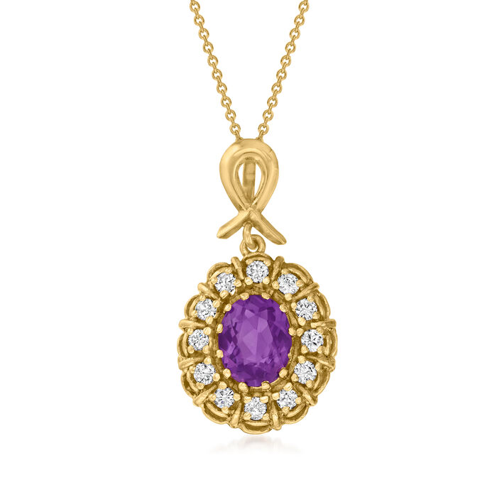 C. 1970 Vintage 2.25 Carat Amethyst Ribbon Pendant Necklace with .60 ct. t.w. Diamonds in 14kt Yellow Gold