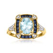 1.50 Carat Aquamarine and .70 ct. t.w. Sapphire Ring with .12 ct. t.w. Diamonds in 14kt Yellow Gold