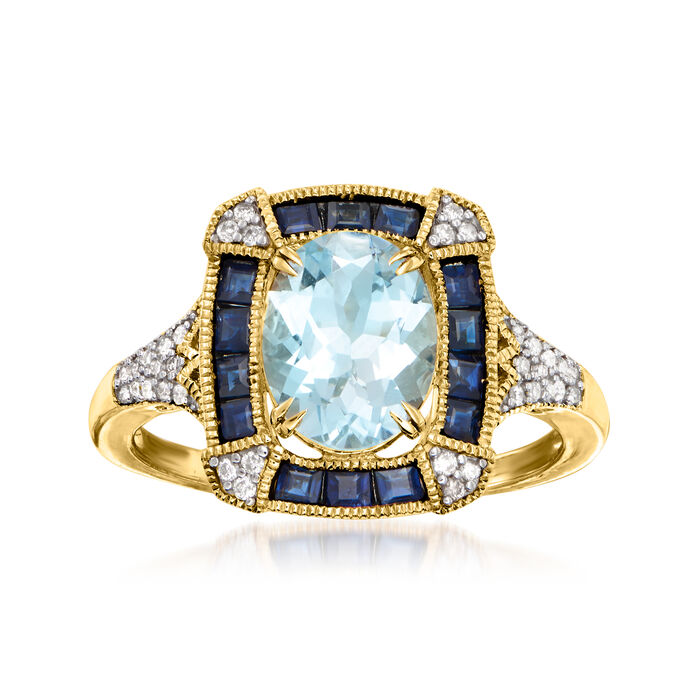 1.50 Carat Aquamarine and .70 ct. t.w. Sapphire Ring with .12 ct. t.w. Diamonds in 14kt Yellow Gold