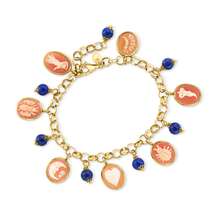Italian Orange Shell Cameo and Lapis Bead Charm Bracelet in 18kt Gold Over Sterling