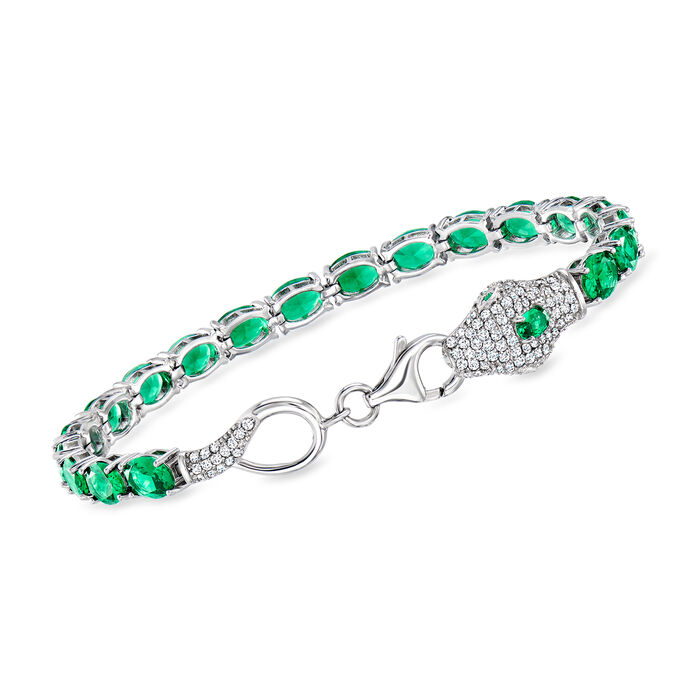 14.02 ct. t.w. Simulated Emerald Snake Bracelet with .80 ct .t.w. CZs in Sterling Silver