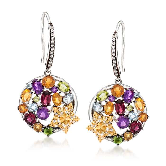 Multicolored Multi-Gem Drop Earrings with 14kt Yellow Gold Starfish in Sterling Silver