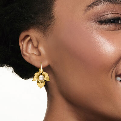 Italian 6-6.5mm Cultured Pearl Leaf Drop Earrings in 18kt Gold Over Sterling