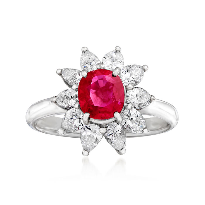 C. 2010 Vintage 1.16 Carat Certified Ruby and 1.07 ct. t.w. Diamond Flower Ring in Platinum