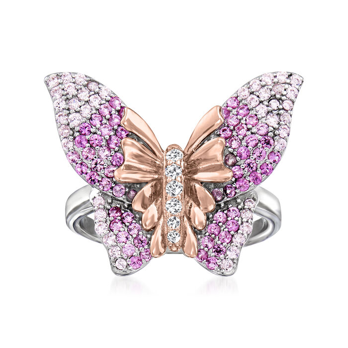 .80 ct. t.w. Simulated Pink Sapphire Butterfly Ring with CZ Accents in Two-Tone Sterling Silver
