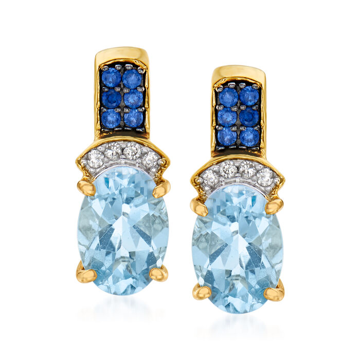 1.50 ct. t.w. Aquamarine Earrings with Sapphire and Diamond Accents in 14kt Yellow Gold