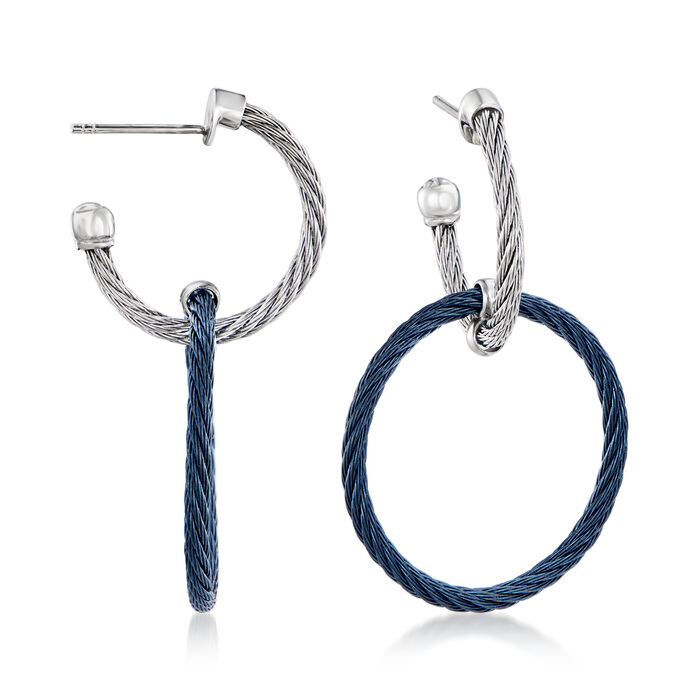 ALOR Blue and Gray Stainless Steel Cable Hoop Drop Earrings