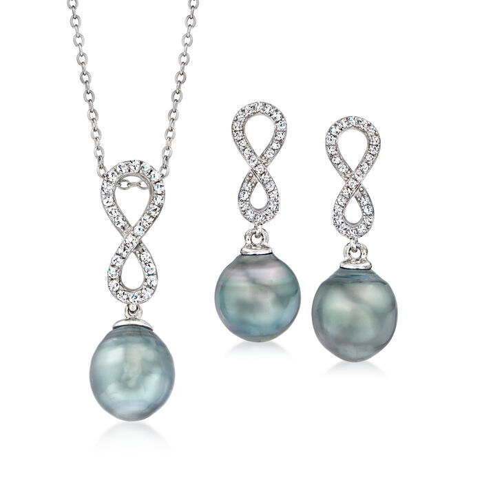9-9.5mm Black Cultured Tahitian Pearl and .30 ct. t.w. CZ Jewelry Set: Pendant Necklace and Drop Earrings in Sterling Silver