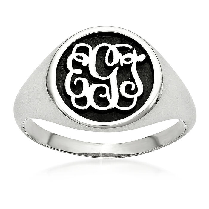 Sterling Silver Polished Antiqued and Sandblast Monogram Ring