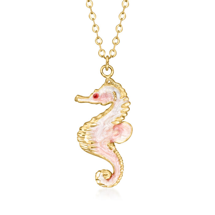 Italian Pink and White Enamel Seahorse Necklace in 14kt Yellow Gold