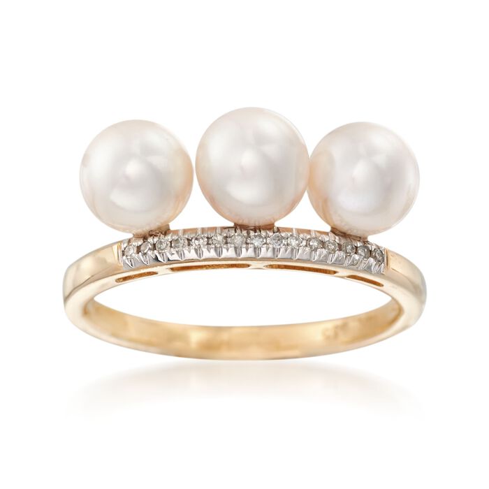 6mm Cultured Pearl Trio Ring with Diamond Accents in 14kt Yellow Gold