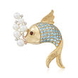 5-7mm Cultured Pearl and Mixed Gemstone Bubble-Blowing Fish Pin in 18kt Gold Over Sterling