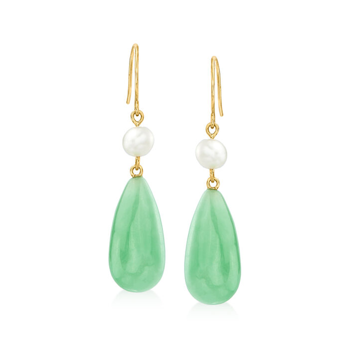 Jade and 5-5.5mm Cultured Pearl Drop Earrings in 10kt Yellow Gold