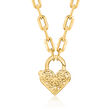 Italian 14kt Yellow Gold Floral Embroidery Heart Lock Paper Clip Link Necklace