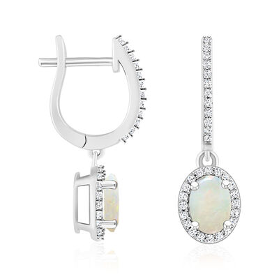 Opal Hoop Drop Earrings with .32 ct. t.w. Diamonds in Sterling Silver
