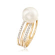 10-10.5mm Cultured Pearl and .23ct. t.w. Diamond Three-Row Ring in 14kt Yellow Gold