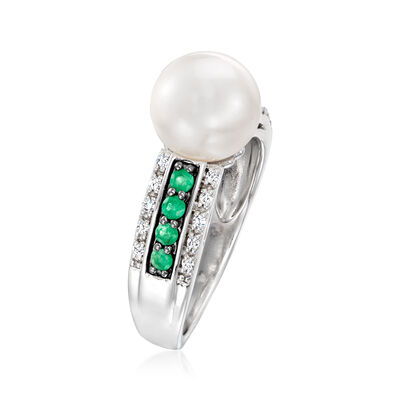 9mm Cultured Pearl, .30 ct. t.w. Emerald and .10 ct. t.w. Diamond Ring in Sterling Silver