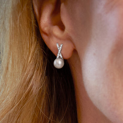 6.5-7mm Cultured Pearl and .11 ct. t.w. Diamond X Earrings in Sterling Silver