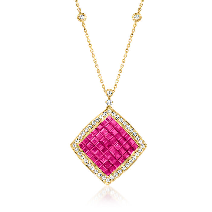 2.90 ct. t.w. Ruby and .61 ct. t.w. Diamond Square Pendant Necklace in 14kt Yellow Gold